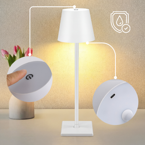 مصباح طاولة LED لاسلكي – قابل لإعادة الشحن، يعمل باللمس مع إضاءة خافتة (3 أوضاع إضاءة)، (أبيض، أسود)