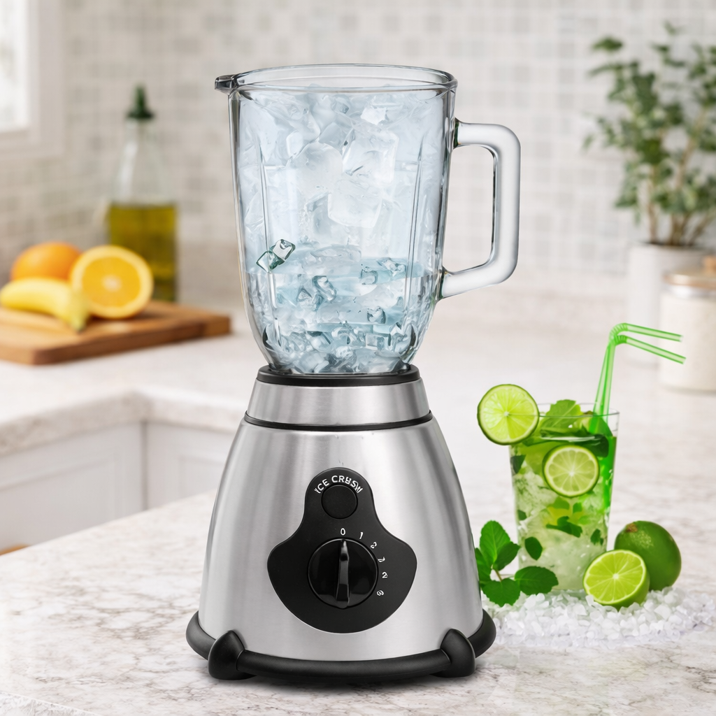 Mixeur Blender & Bol en Verre 1.5L Inoxydable 4 Lames