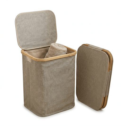 Panier à linge en tissu avec cadre en bambou, couvercle ouvrant, idéal pour rangement salle de bain ou chambre