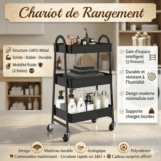 Chariot de rangement noir à 3 niveaux, métal durable, avec roulettes et freins, idéal pour salle de bain ou cuisine