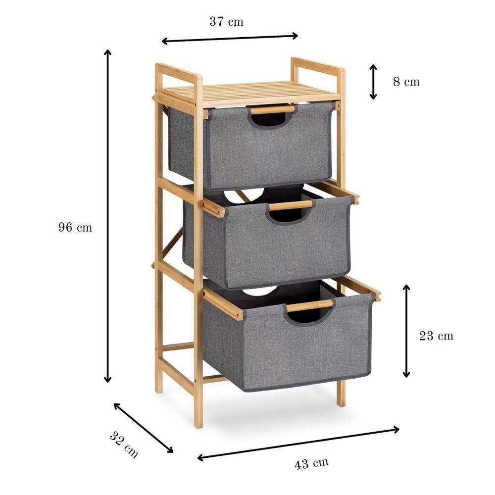 Meuble de rangement en bambou avec 3 paniers gris, idéal pour salle de bain ou chambre, dimensions précises