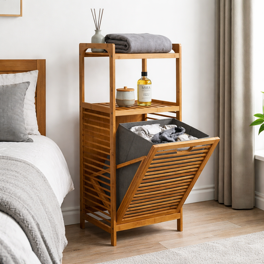 Meuble Panier à Linge avec 2 Étagères en Bambou