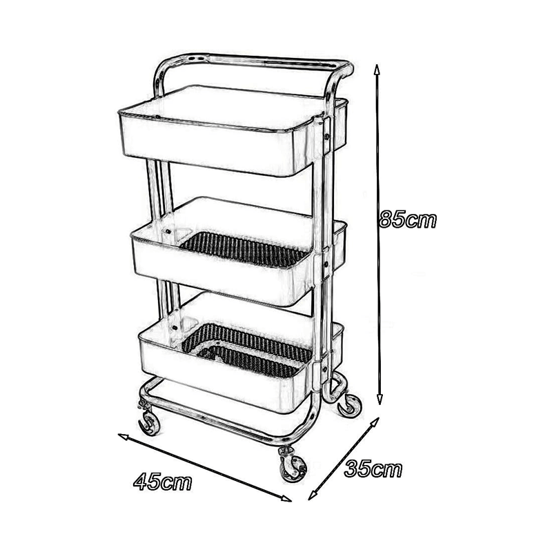 Charriot de rangement 3 niveaux avec roulettes, dimensions 85x45x35 cm, idéal pour cuisine ou salle de bain