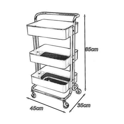 Charriot de rangement 3 niveaux avec roulettes, dimensions 85x45x35 cm, idéal pour cuisine ou salle de bain
