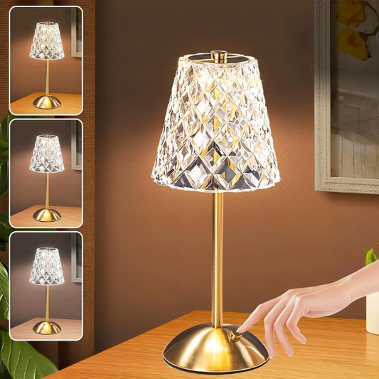 Lampe de table à LED sans fil en cristal – Veilleuse tactile dorée à intensité variable (3 couleurs, rechargeable)