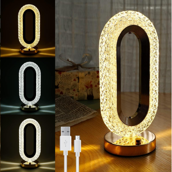 Lampe de table LED ovale portable Or Cristal - 3 modes d'éclairage, tactile à intensité variable