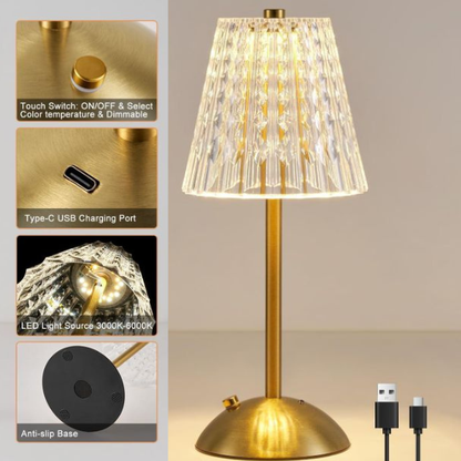 Lampe de table à LED sans fil en cristal – Veilleuse tactile dorée à intensité variable (3 couleurs, rechargeable)