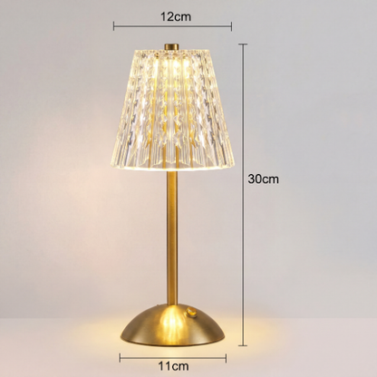 Lampe de table à LED sans fil en cristal – Veilleuse tactile dorée à intensité variable (3 couleurs, rechargeable)