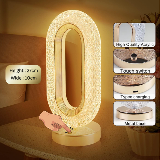 Lampe de table LED ovale portable Or Cristal - 3 modes d'éclairage, tactile à intensité variable