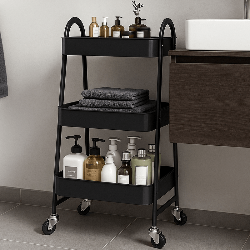 Charriot de salle de bain noir à 3 niveaux avec roulettes, rangement cosmétiques et serviettes