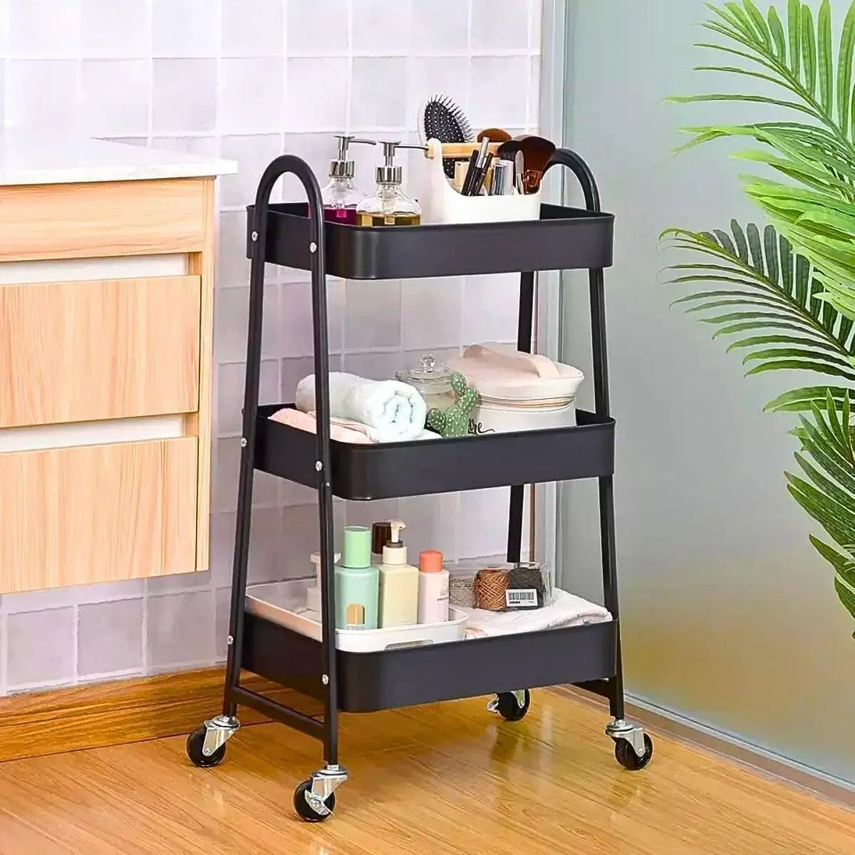 Chariot de rangement noir à 3 niveaux avec roulettes, idéal pour salle de bain ou chambre
