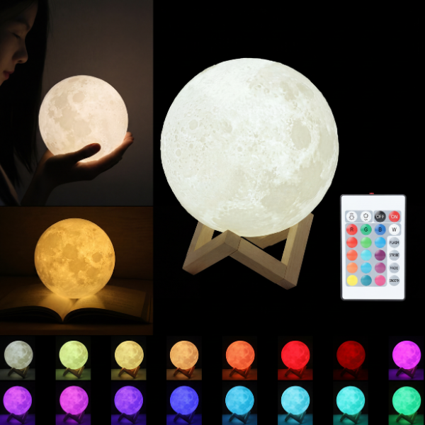 Lampe LED Lune 3D – Veilleuse LED 16 couleurs avec commande tactile et à distance (rechargeable par USB)