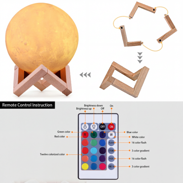 Lampe LED Lune 3D – Veilleuse LED 16 couleurs avec commande tactile et à distance (rechargeable par USB)