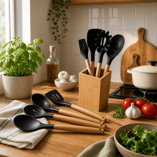 Ustensiles de cuisine noirs avec manches en bois, dans un bloc en bambou sur plan de travail