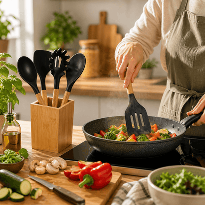 Ustensiles de cuisine en silicone noir et bois, idéaux pour cuisiner légumes et wok