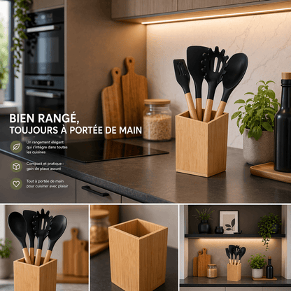 Ustensiles de cuisine noirs en bois dans porte-ustensiles en bambou sur plan de travail moderne