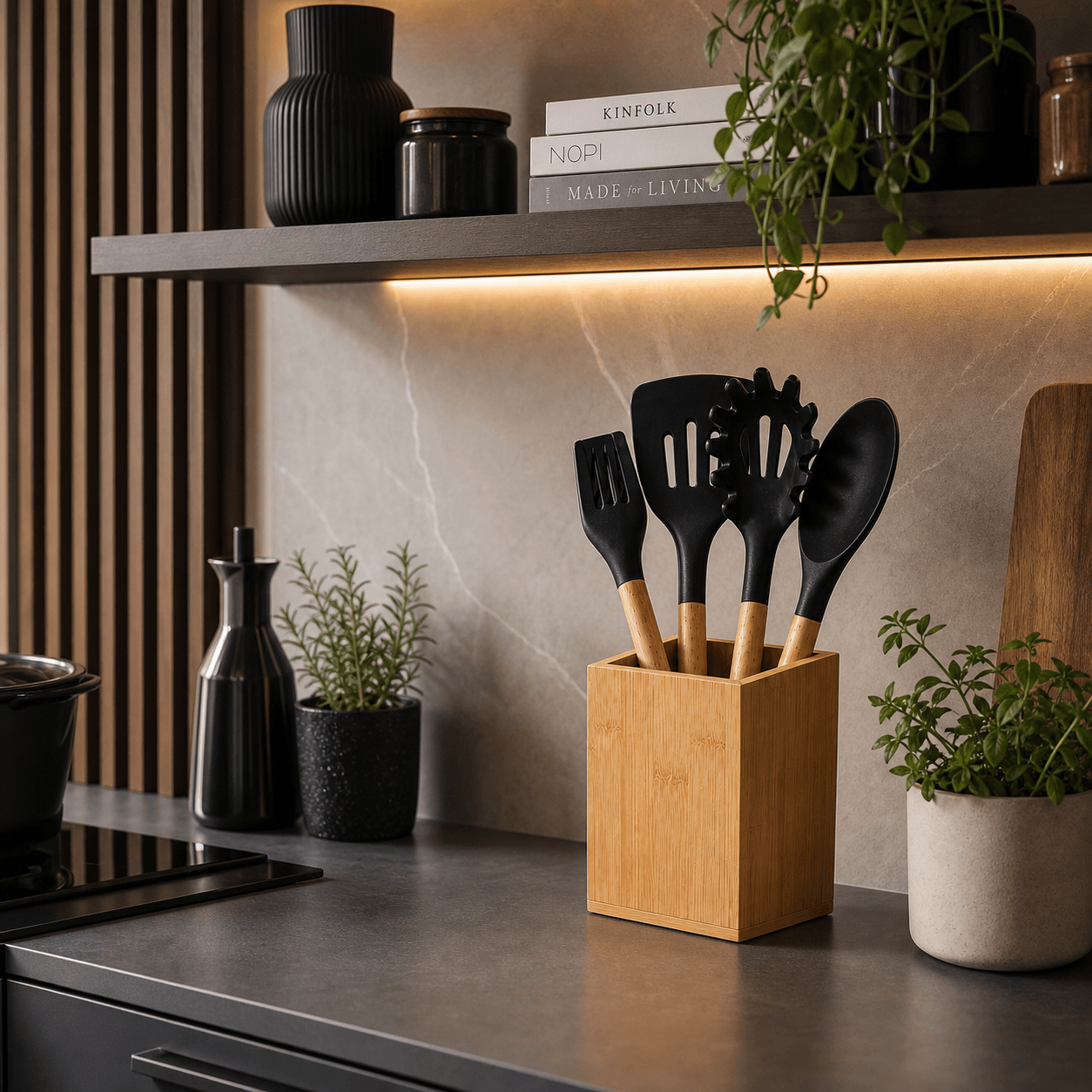 Ustensiles de cuisine noirs en silicone avec manches en bois dans un porte-ustensiles en bambou sur plan de travail moderne
