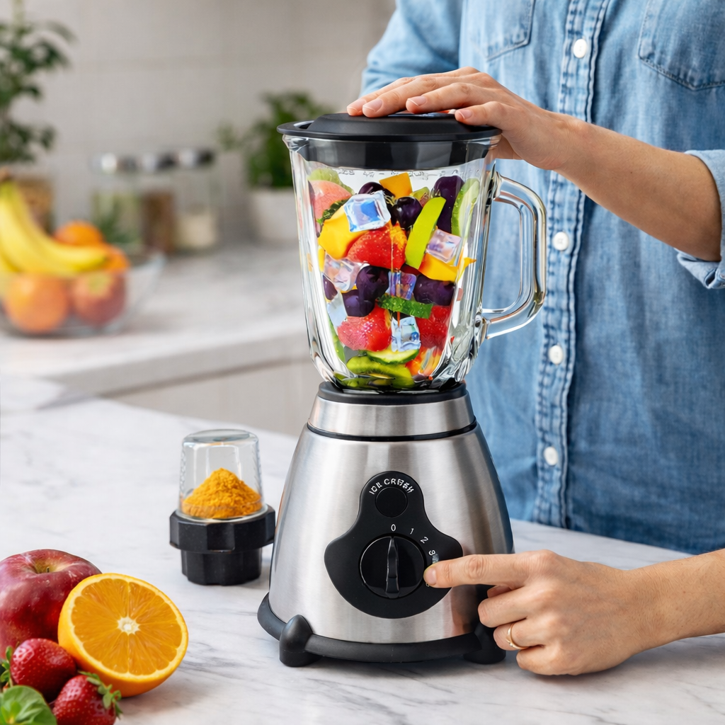 Mixeur Blender & Bol en Verre 1.5L Inoxydable 4 Lames