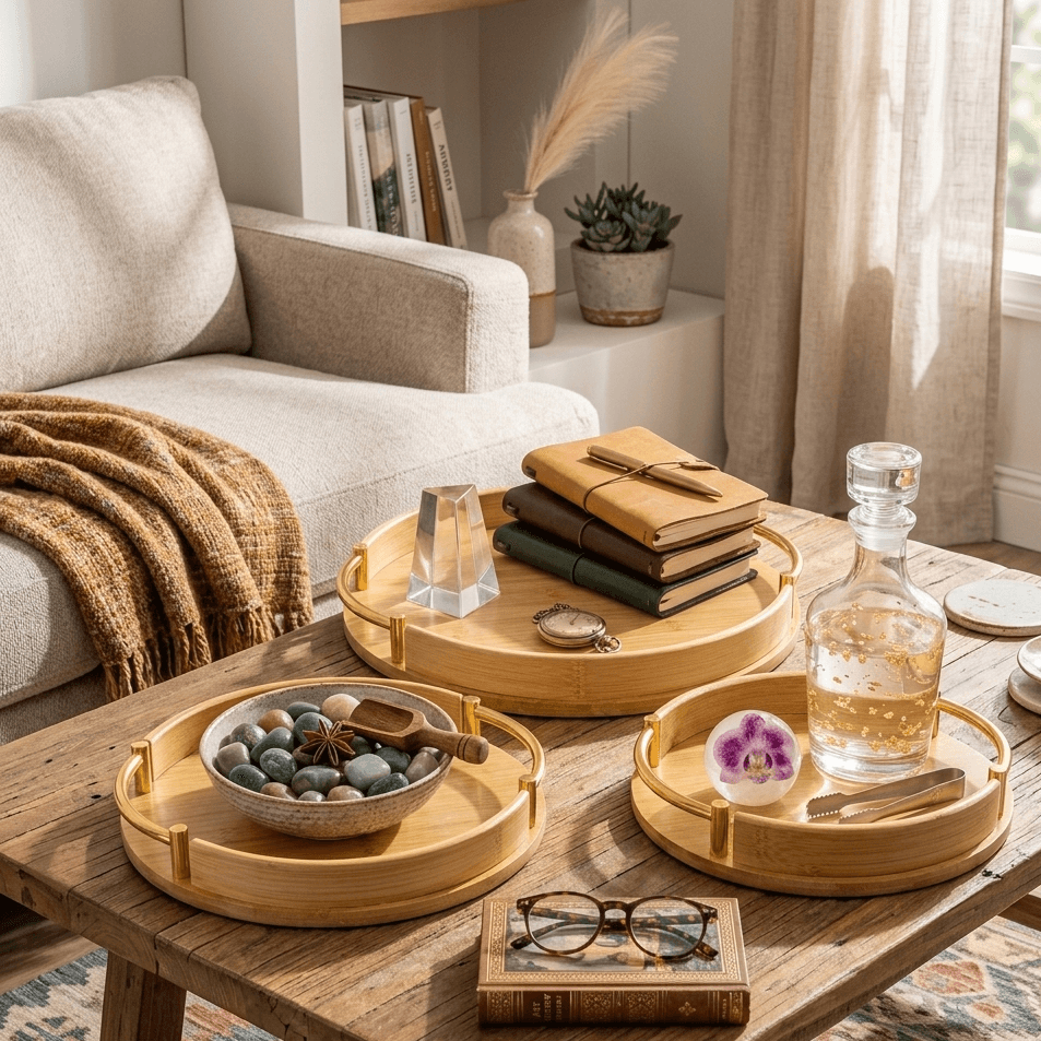 Plateaux en bois avec bord doré pour table basse, décoration intérieure élégante et chaleureuse