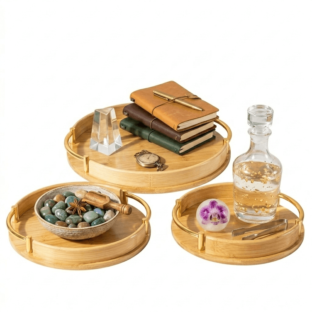 Plateaux ronds en bambou avec poignées dorées, idéaux pour décoration ou service, présentant livres, pierres et accessoires élégants.