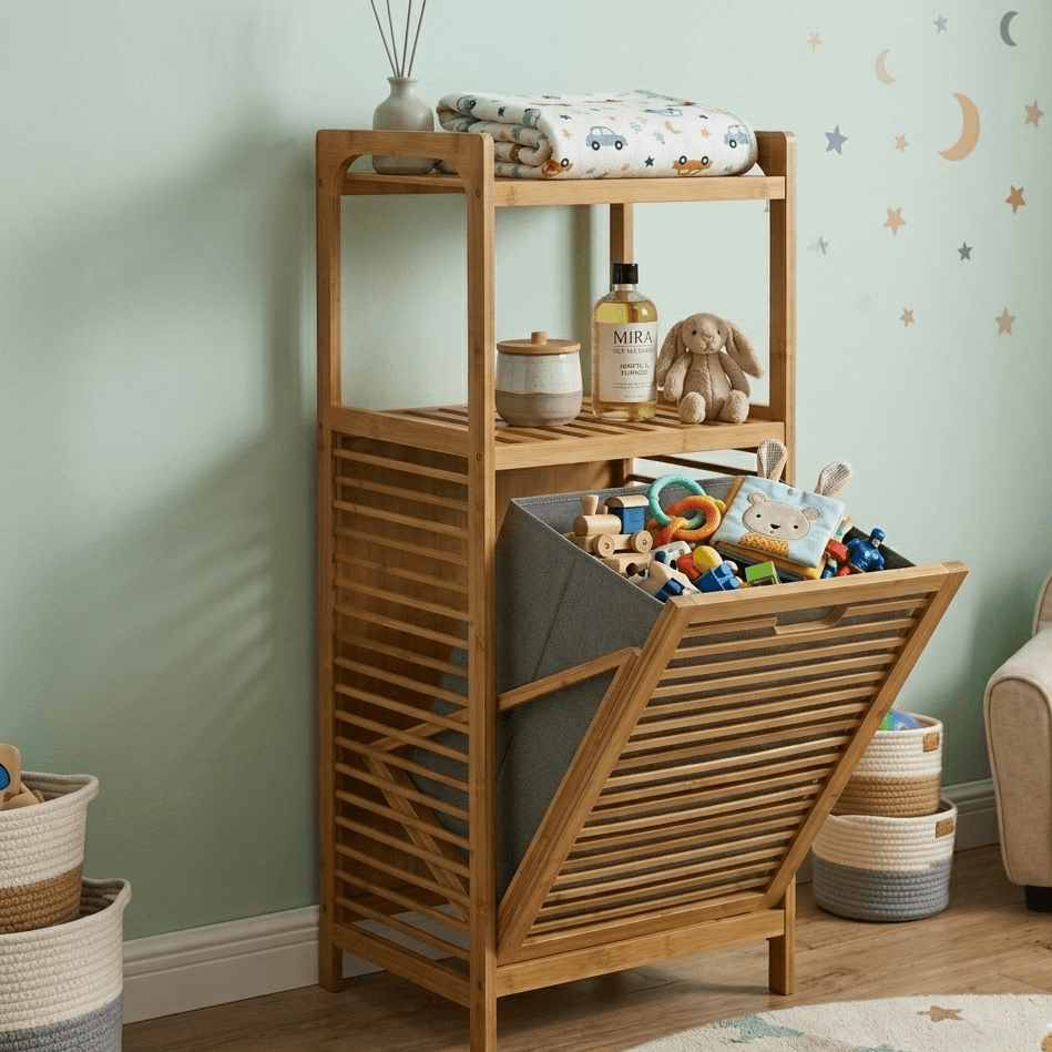 Étagère en bambou avec panier à jouets pour chambre d'enfant, rangement pratique et décoratif