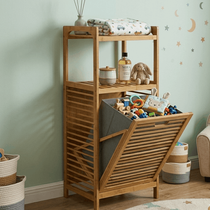 Étagère en bambou avec panier à jouets pour chambre d'enfant, rangement pratique et décoratif