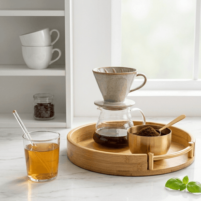 Plateau en bambou avec cafetière à filtre, café moulu et tasse de thé sur comptoir lumineux