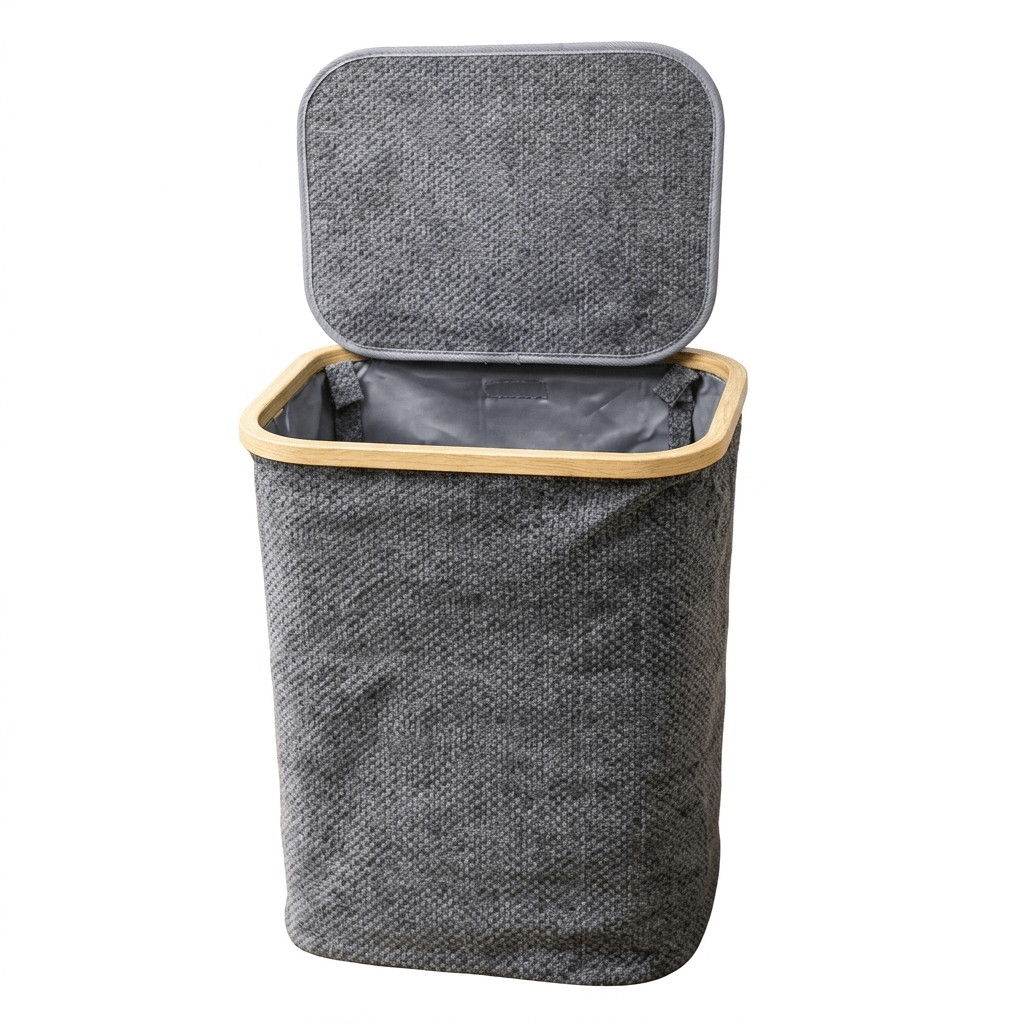 Panier à linge gris texturé avec cadre en bois et couvercle ouvert