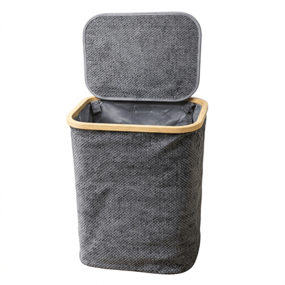 Panier à linge gris texturé avec cadre en bois et couvercle ouvert