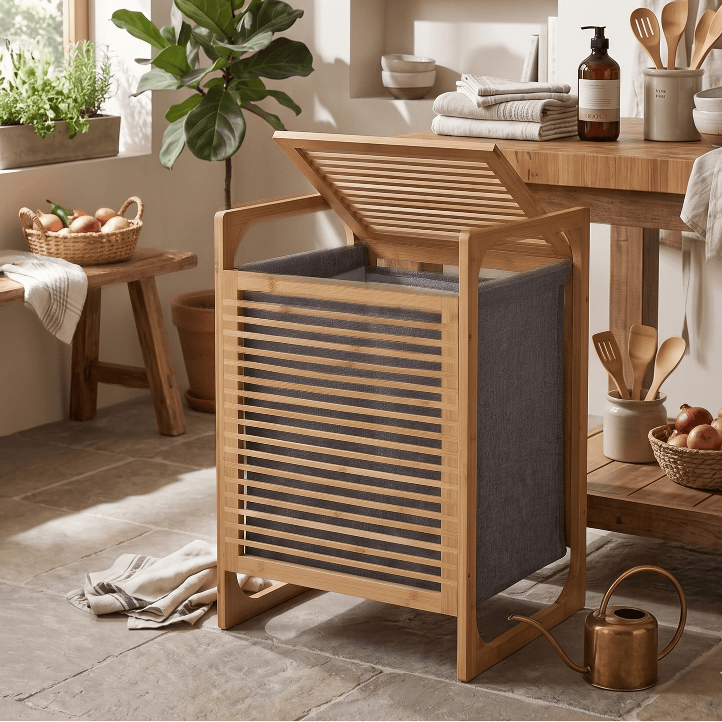 Panier à linge en bambou avec couvercle et doublure grise, idéal pour une maison moderne et naturelle