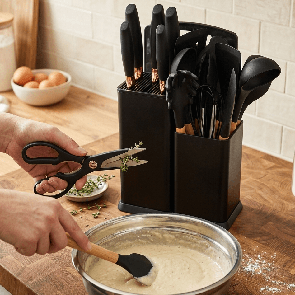 Ciseaux de cuisine noirs avec manche en bois, utilisés pour couper des herbes fraîches sur plan de travail en bois