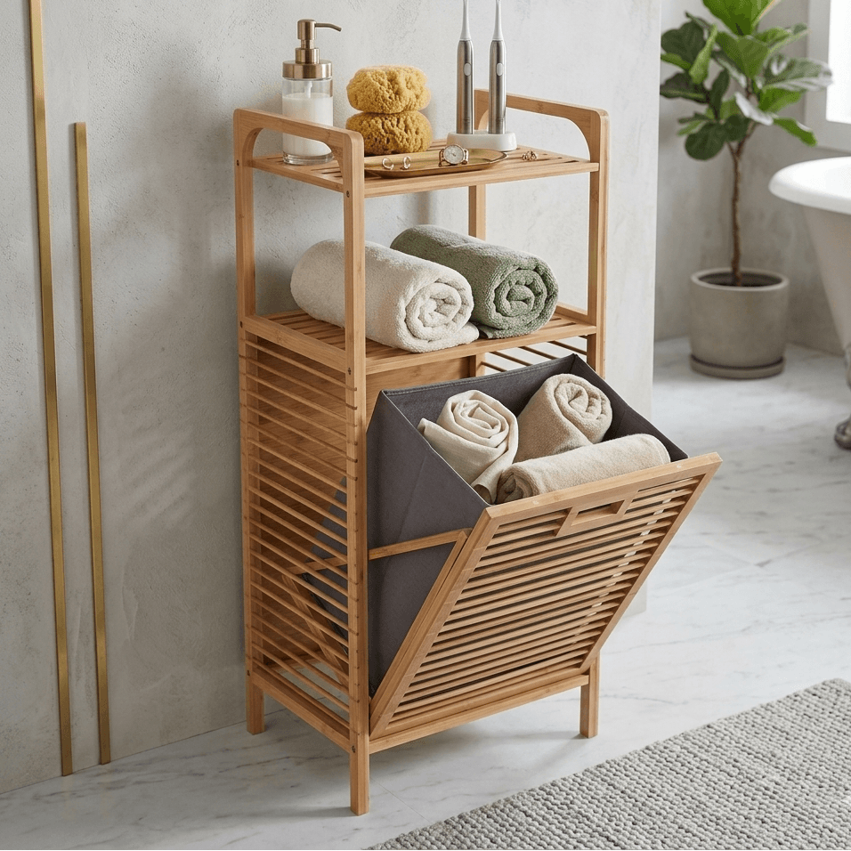 Étagère en bambou avec panier à linge et rangement pour serviettes dans salle de bain moderne