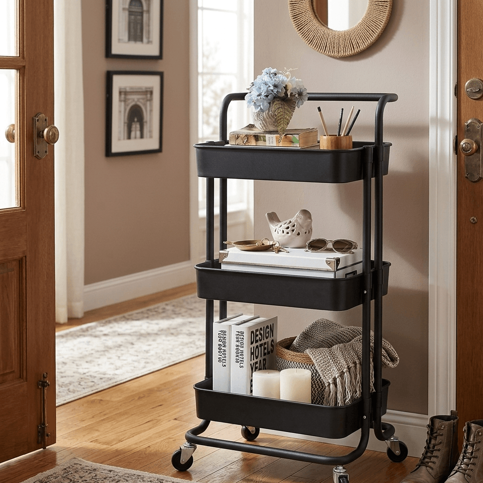 Charriot de rangement noir à 3 niveaux avec roulettes, idéal pour salon ou entrée, décoré avec livres, bougies et accessoires
