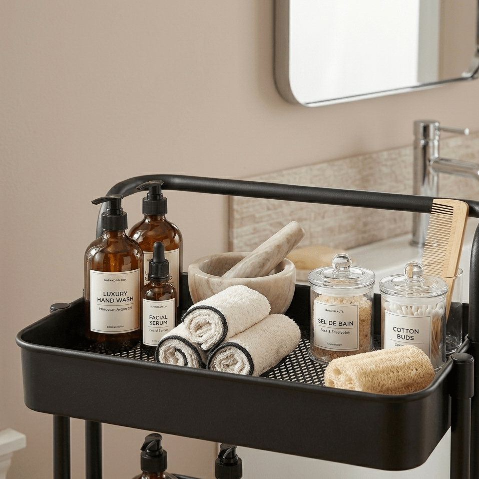 Charriot de salle de bain noir avec produits de soin, serviettes et accessoires spa