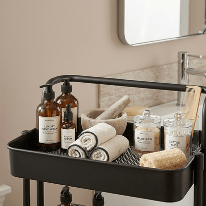 Charriot de salle de bain noir avec produits de soin, serviettes et accessoires spa