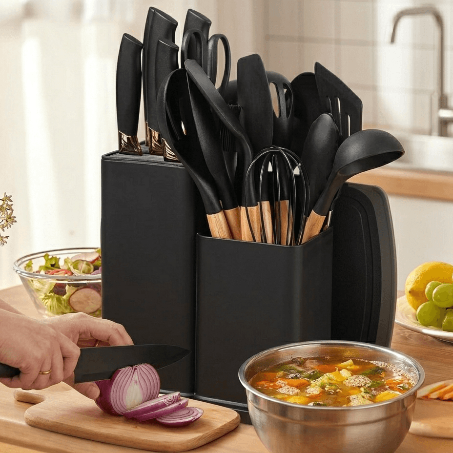 Ensemble de couteaux et ustensiles de cuisine noirs avec manches en bois, idéal pour préparer légumes et soupes