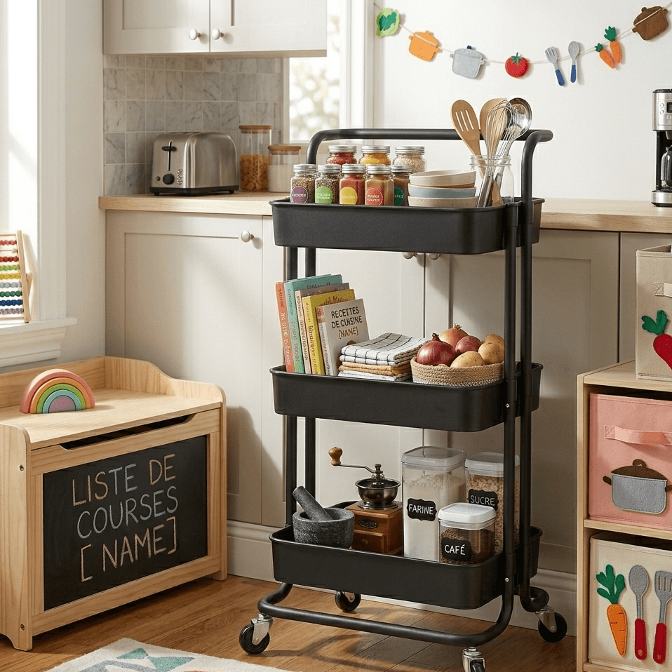 Charriot de cuisine noir à 3 niveaux avec épices, livres et ustensiles, idéal pour rangement pratique