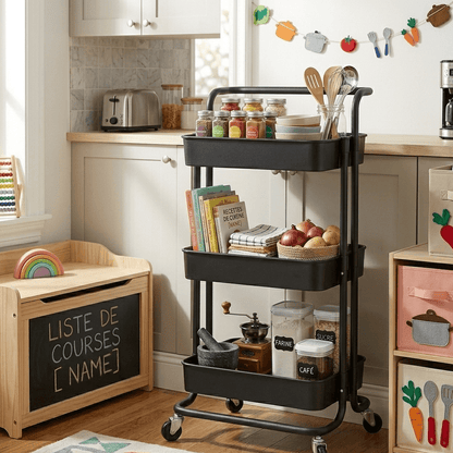 Charriot de cuisine noir à 3 niveaux avec épices, livres et ustensiles, idéal pour rangement pratique