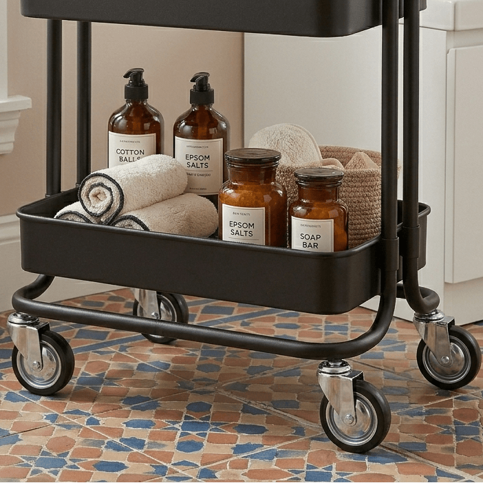 Charriot de salle de bain noir avec roulettes, rangement pour sel d'Epsom, coton et savon