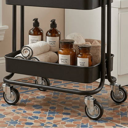 Charriot de salle de bain noir avec roulettes, rangement pour sel d'Epsom, coton et savon