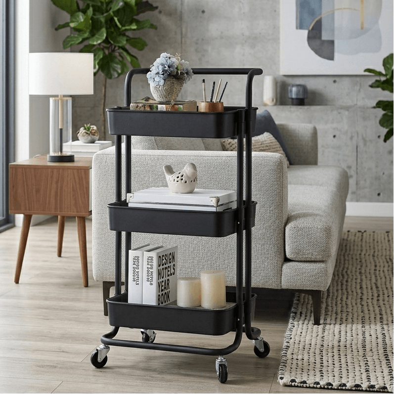 Charriot de rangement noir à 3 niveaux avec roulettes, idéal pour salon ou bureau, style moderne