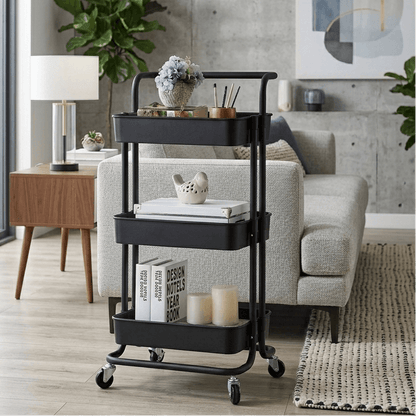 Charriot de rangement noir à 3 niveaux avec roulettes, idéal pour salon ou bureau, style moderne
