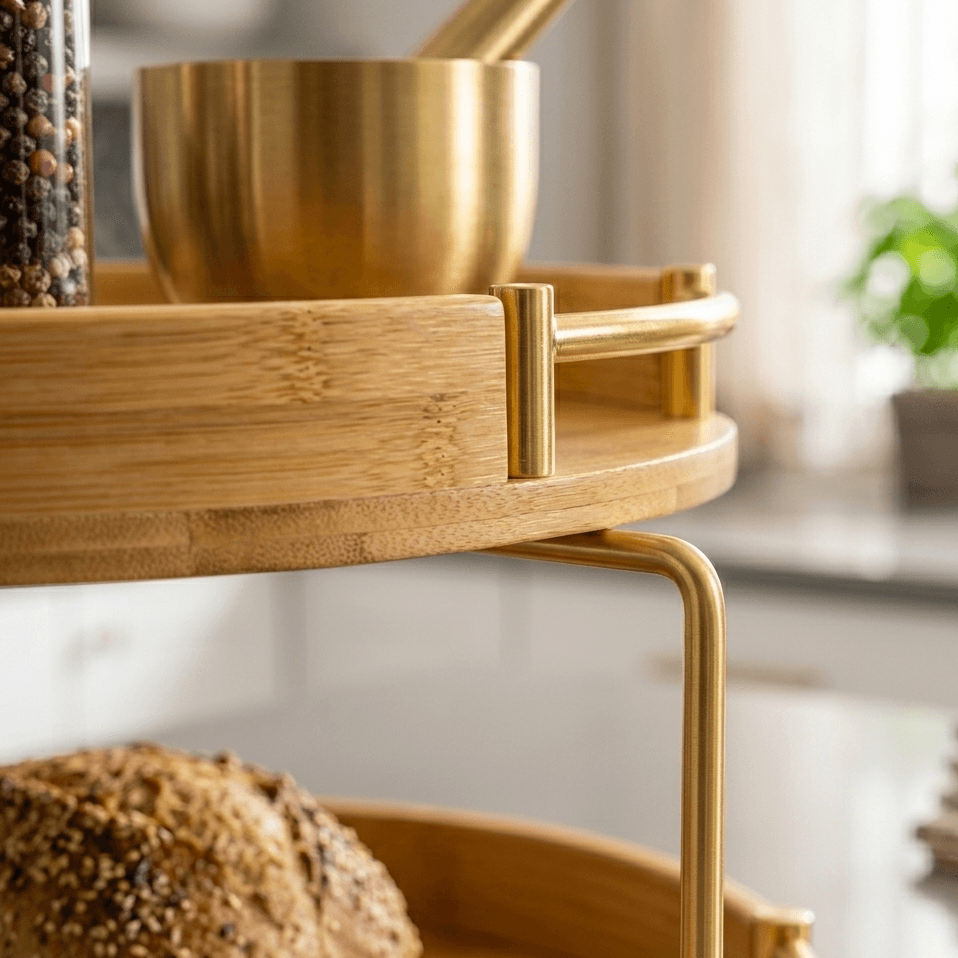 Charriot de cuisine en bambou et métal doré avec mortier et épices, design moderne pour cuisine élégante