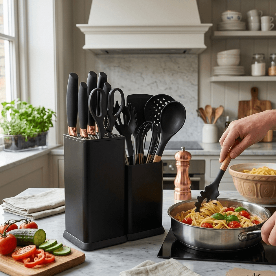 Ensemble de couteaux et ustensiles de cuisine noirs avec manches cuivrés, utilisé pour préparer des pâtes fraîches