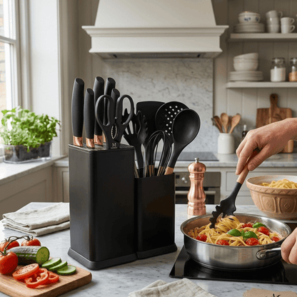 Ensemble de couteaux et ustensiles de cuisine noirs avec manches cuivrés, utilisé pour préparer des pâtes fraîches