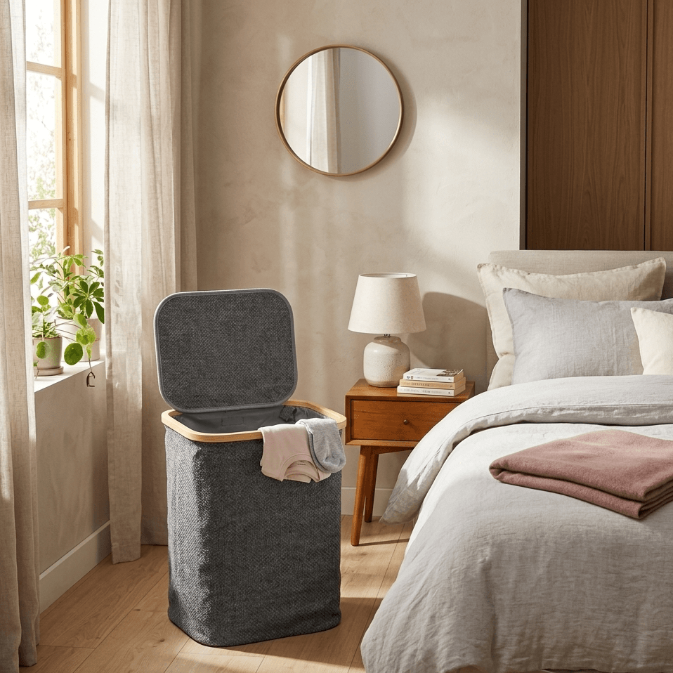 Panier à linge gris texturé avec couvercle ouvert, dans une chambre lumineuse avec lit et chevet
