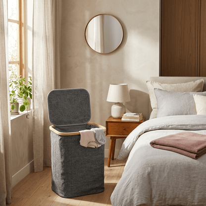 Panier à linge gris texturé avec couvercle ouvert, dans une chambre lumineuse avec lit et chevet