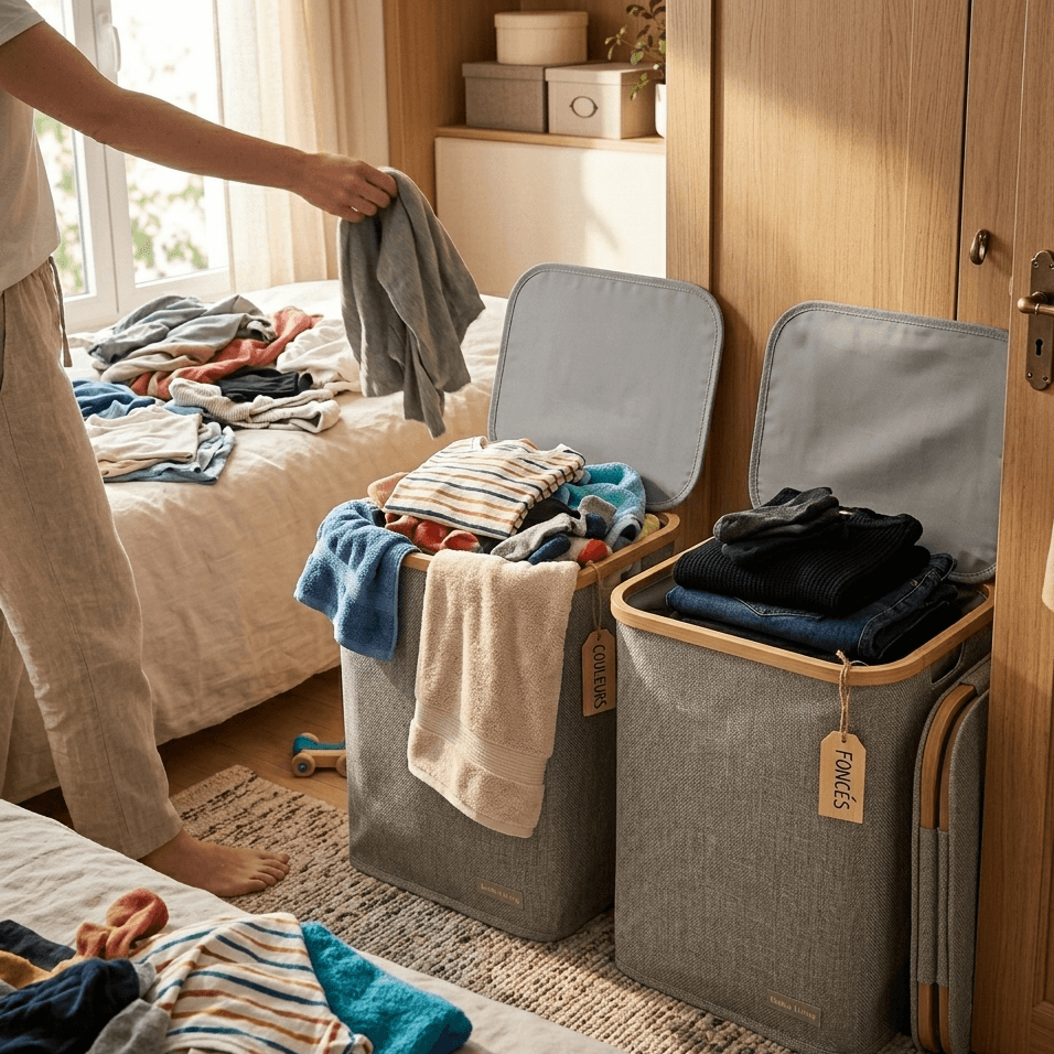 Paniers à linge triés par couleurs et foncés, rangement pratique pour chambre à coucher