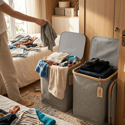Paniers à linge triés par couleurs et foncés, rangement pratique pour chambre à coucher