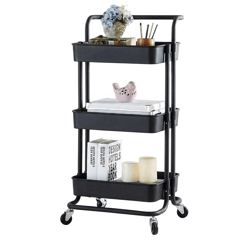 Charriot de rangement noir à 3 niveaux avec roulettes, idéal pour bureau ou salon, décoré avec livres et objets